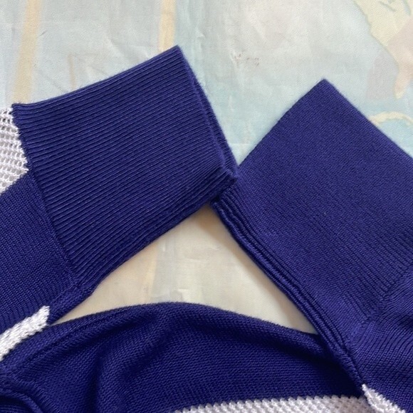 Express White Navy Sweater Dolman Sleeve V Neck Open Knit Stripe Preppy - Picture 7 of 9